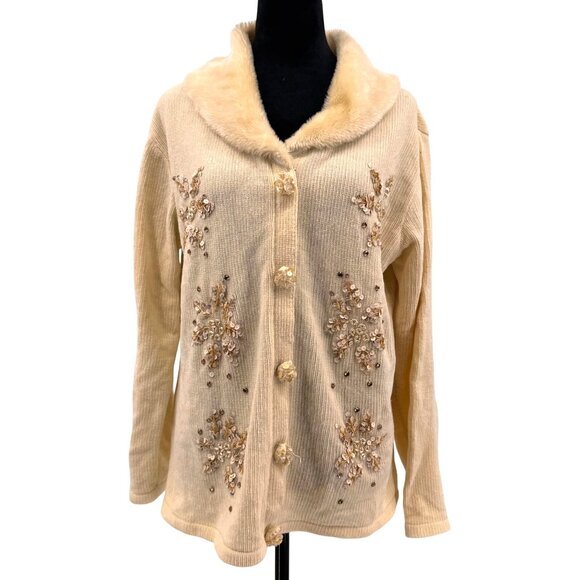 Vintage Snowflake‎ Sequin Chenille Cardigan Sweater Womens Faux Fur Collar Cream - Picture 1 of 8